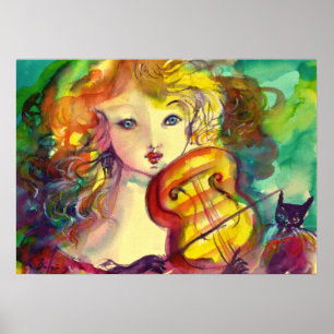 VIOLINIST GIRL ,VIOLIN  AND CAT POSTER