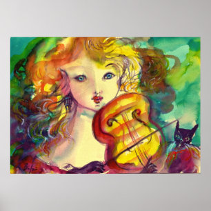 VIOLINIST GIRL ,VIOLIN  AND CAT POSTER
