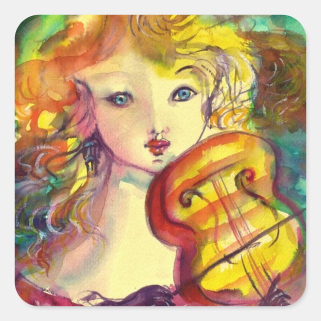 VIOLINIST GIRL ,VIOLIN  AND CAT SQUARE STICKER (Front)