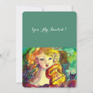 VIOLINIST GIRL ,VIOLIN  AND CAT Sweet 16 Birthday Invitation