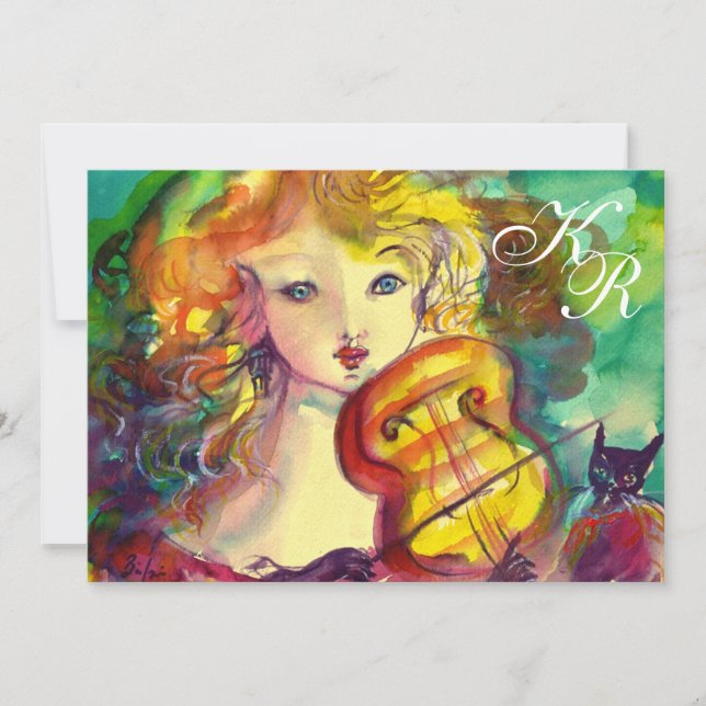 VIOLINIST GIRL ,VIOLIN  AND CAT Sweet !6 Monogram Invitation (Front)