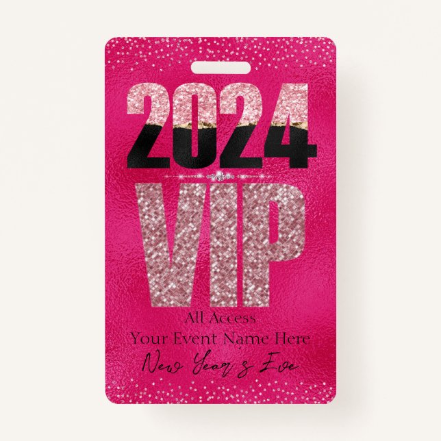 VIP 2024 Glamourous Hot Pink Glitter Diamonds Badg ID Badge (Front)