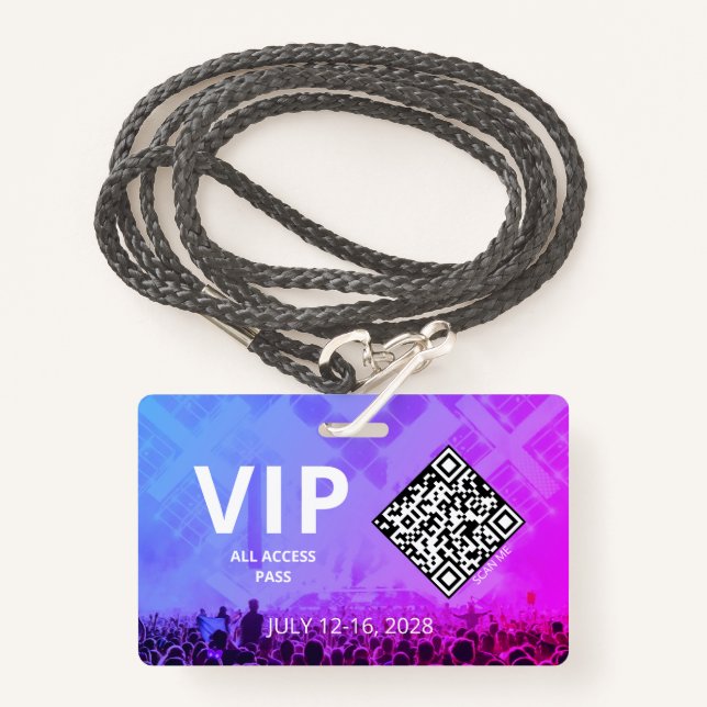 VIP Access Pass QR Code Event Horizontal ID Badge (Front with Lanyard)