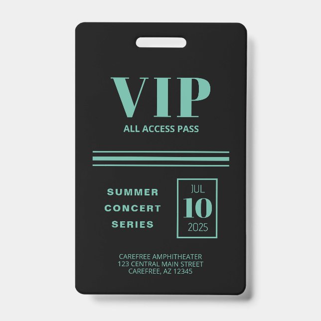 VIP All Access Black Turquoise ID Badge (Front)
