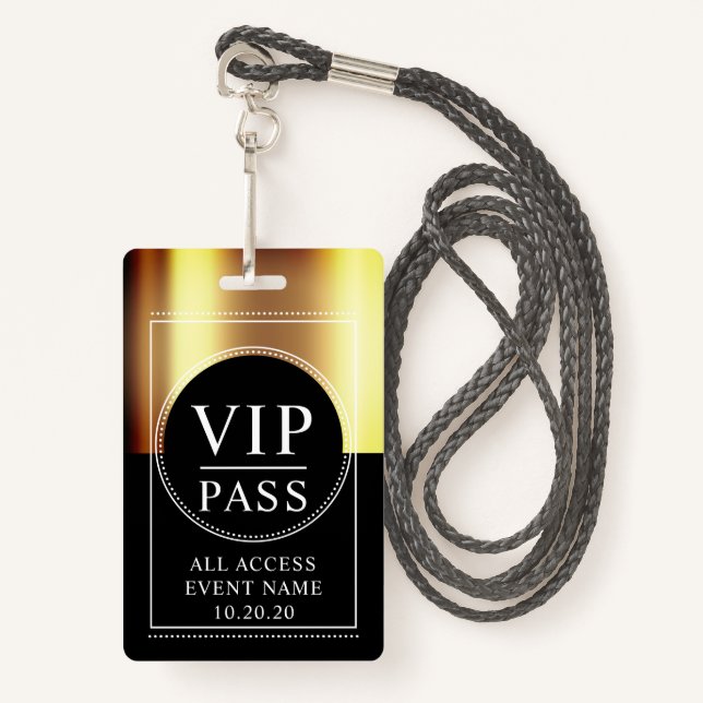 VIP All Access Event Metallic Gold Black Badge ID Badge (Front with Lanyard)