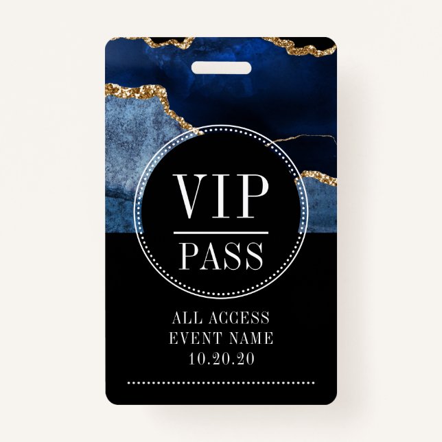 VIP All Access Event Metallic Navy Gold Agate ID Badge (Front)