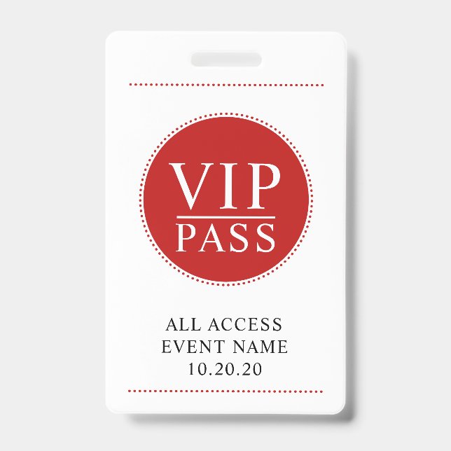 VIP All Access Event Simple Red White ID Badge (Front)