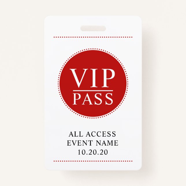 VIP All Access Event Simple Red White ID Badge (Front)