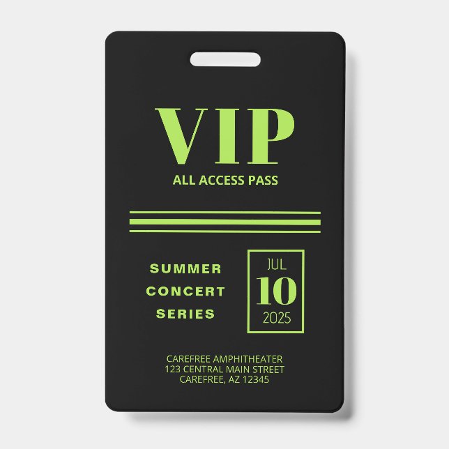 VIP All Access Fluorescent Green ID Badge (Front)
