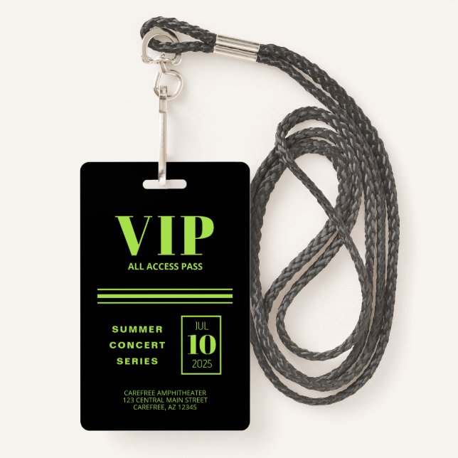 VIP All Access Fluorescent Green ID Badge (Front with Lanyard)