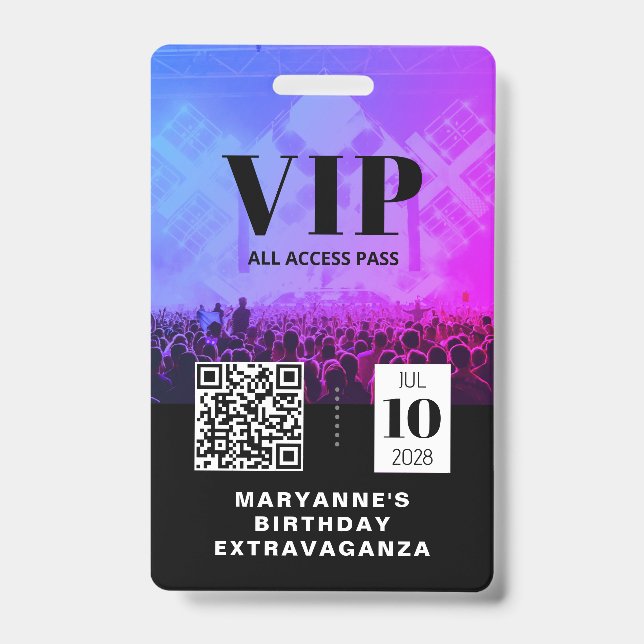 VIP All Access QR Code Birthday ID Badge (Front)