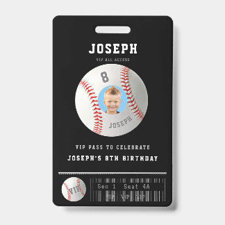 VIP Baseball Pass Custom Photo Birthday Party ID Badge