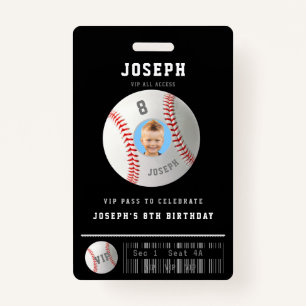 VIP Baseball Pass Custom Photo Birthday Party ID Badge