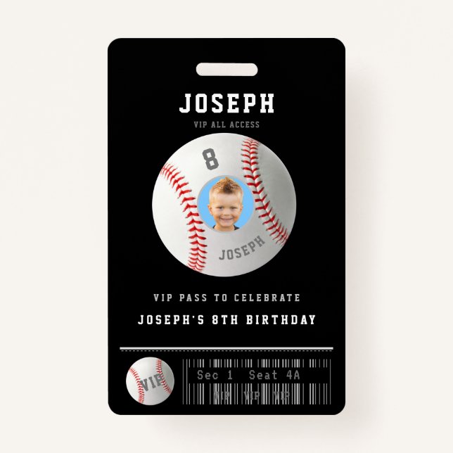 VIP Baseball Pass Custom Photo Birthday Party ID Badge (Front)