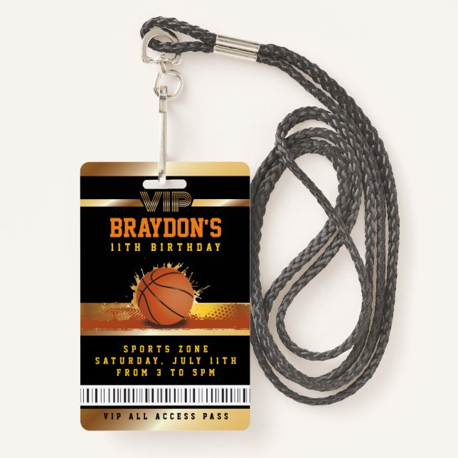 VIP Basketball Birthday ALL ACCESS Gold Pass Badge ID Badge (Front with Lanyard)