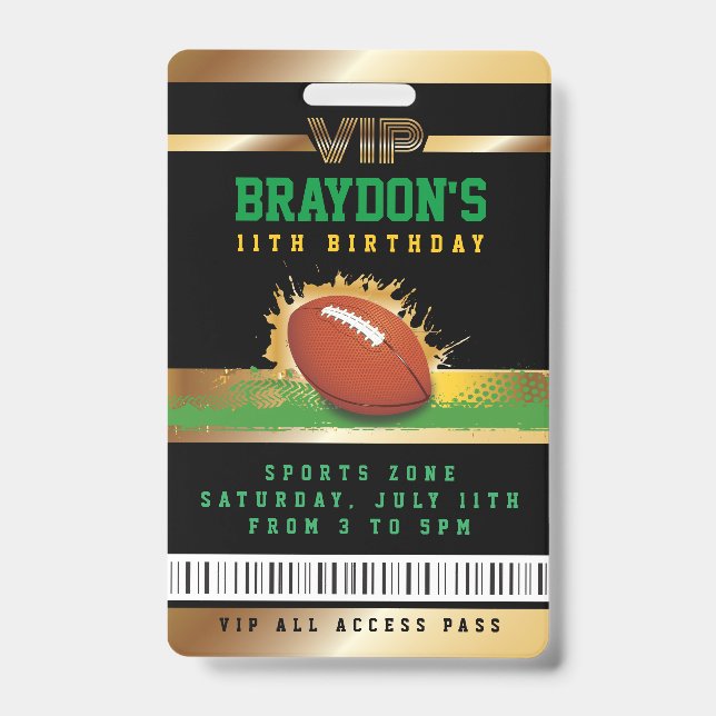 VIP Football Birthday ALL ACCESS Gold Pass Badge ID Badge (Front)