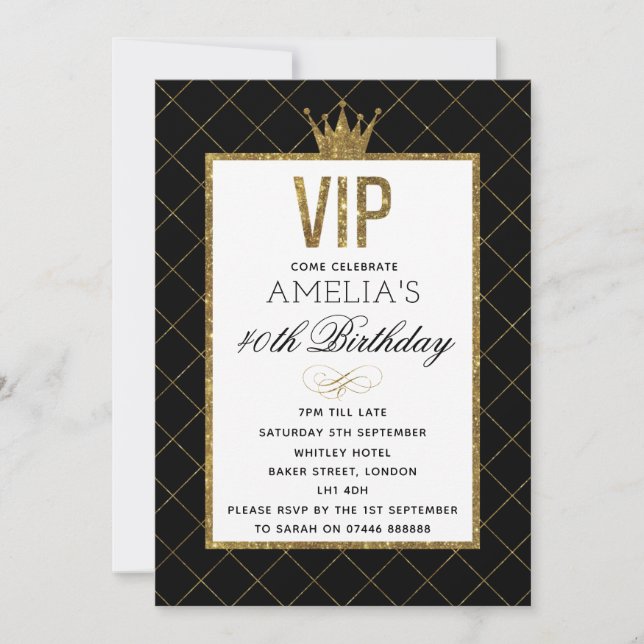 VIP Gold and Black Glitter Birthday Invites (Front)