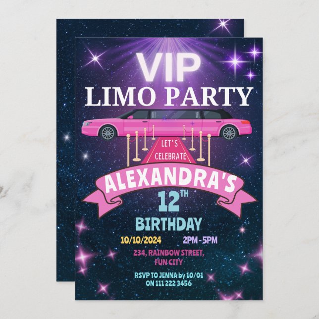 VIP Limo Party Birthday Party Girl Invitation (Front/Back)