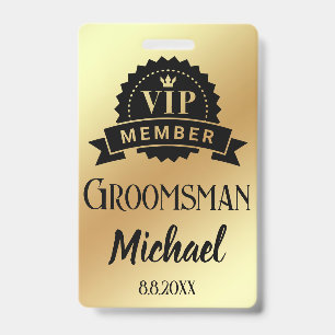 vip member groomsman personalised gold wedding ID badge