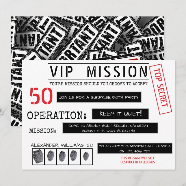 VIP Mission Surprise 50th Birthday Invitation (Front/Back)