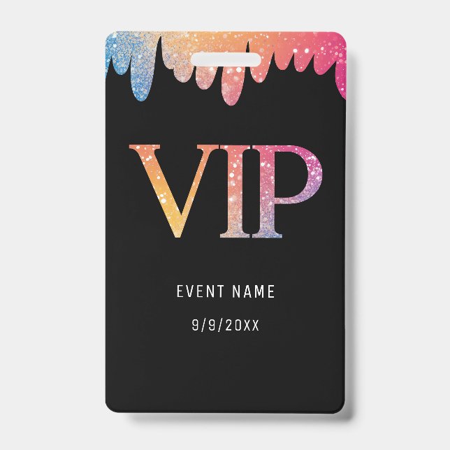 VIP Pass Black Modern Glitter ID Badge (Front)