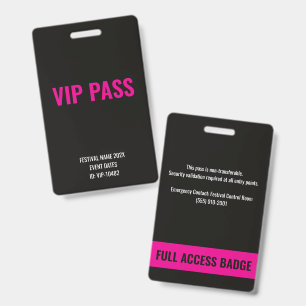 VIP Pass Full Access Pink Music Festival  ID Badge