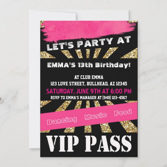 VIP PASS Girls Dance Party Sleepover Teenage Girl Invitation (Front)