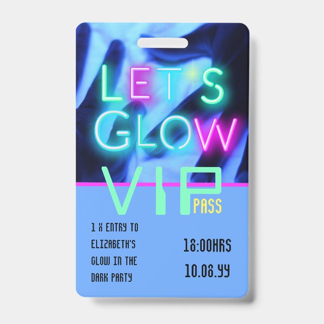 VIP Pass Glow In Dark Party UNIQUE INVITATION IDEA ID Badge (Front)