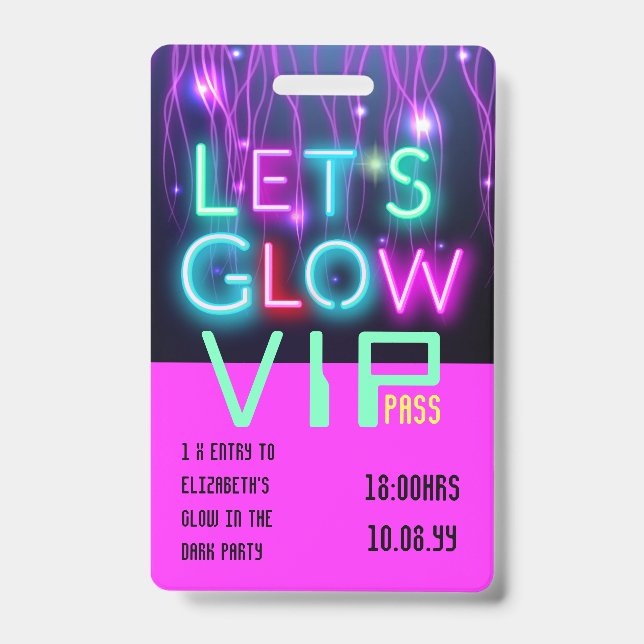VIP Pass Glow In Dark Party UNIQUE INVITATION IDEA ID Badge (Front)