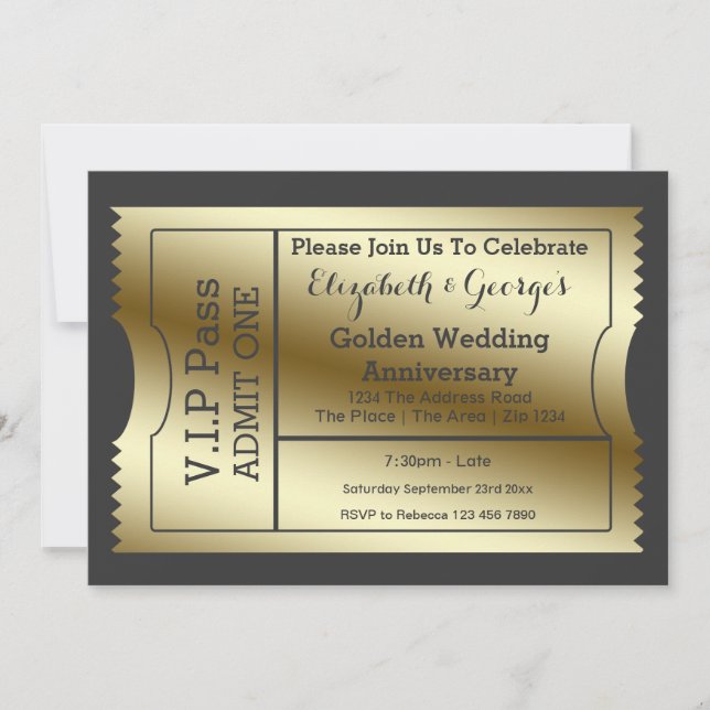 VIP Pass Golden Wedding Anniversary Ticket Invitation (Front)