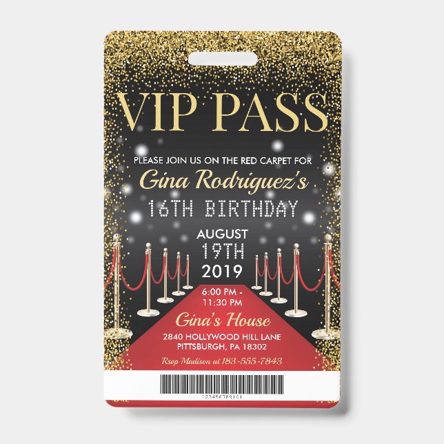 VIP Pass Hollywood Red Carpet Birthday Invitation ID Badge (Front)