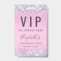 VIP Pass Pink Glitter Birthday Party ID Badge