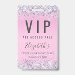 VIP Pass Pink Glitter Sweet 16 Birthday Party ID Badge<br><div class="desc">A unique sweet 16 birthday party invitation that also serves as a badge for guests to wear at the party and keep as a souvenir party favour. This pretty design features sparkly holographic purple, pink and silver faux glitter confetti on a pink background, her name in a soft grey trendy...</div>