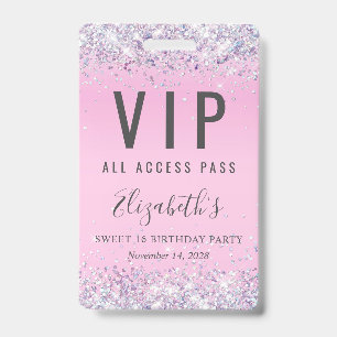 VIP Pass Pink Glitter Sweet 16 Birthday Party ID Badge