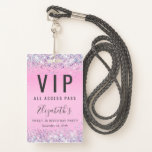 VIP Pass Pink Glitter Sweet 16 Birthday Party ID Badge<br><div class="desc">A unique sweet 16 birthday party invitation that also serves as a badge for guests to wear at the party and keep as a souvenir party favour. This pretty design features sparkly holographic purple, pink and silver faux glitter confetti on a pink background, her name in a soft grey trendy...</div>