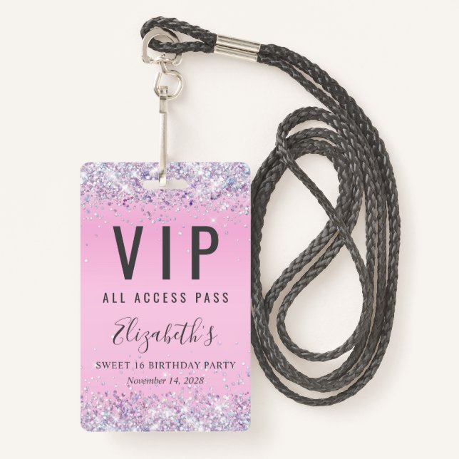 VIP Pass Pink Glitter Sweet 16 Birthday Party ID Badge (Front with Lanyard)
