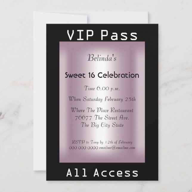 VIP pass Sweet 16 Birthday Party Black Pink Invitation (Front)