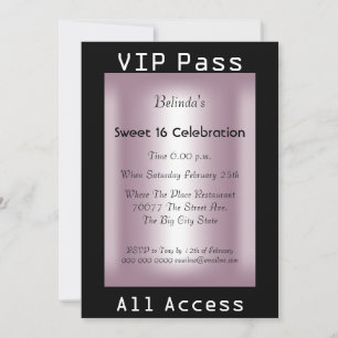 VIP pass Sweet 16 Birthday Party Black Pink Invitation
