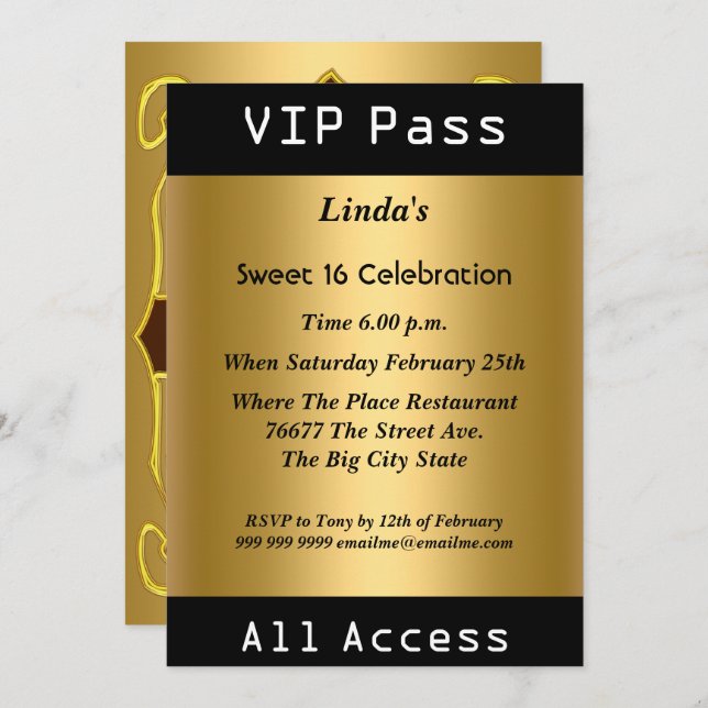 VIP pass Sweet 16 Birthday Party Gold Invitation (Front/Back)