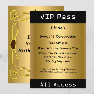 VIP pass Sweet 16 Birthday Party Gold Invitation