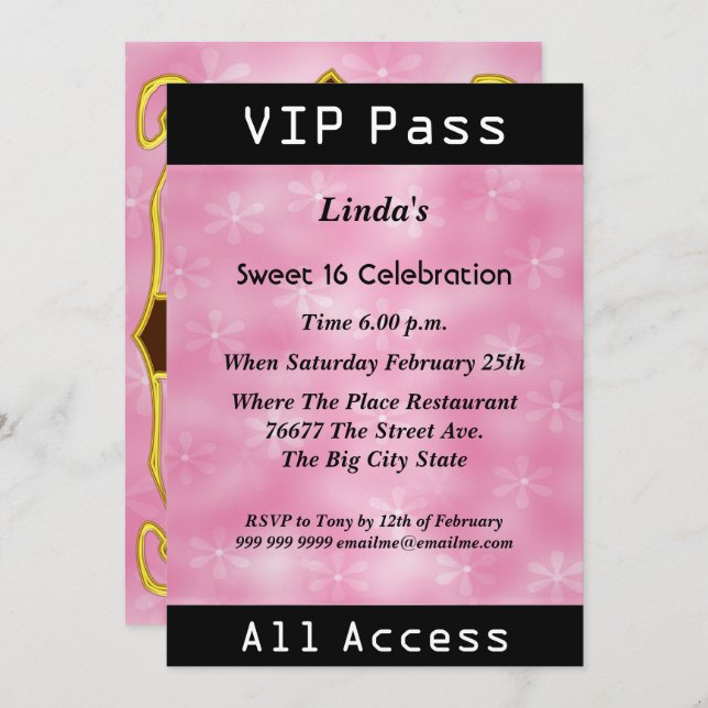 VIP pass Sweet 16 Birthday Party Pink Invitation (Front/Back)
