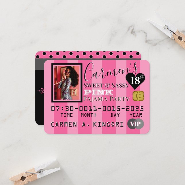 VIP Pink & Black Photo Birthday Party Credit Card  (Front/Back In Situ)