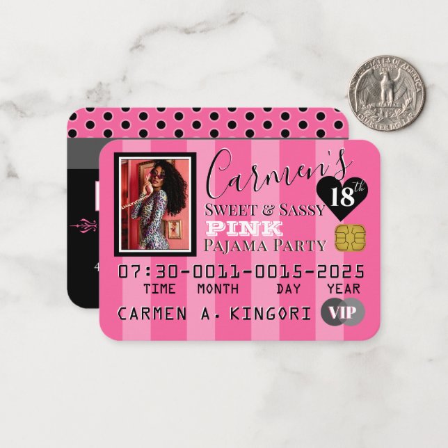 VIP Pink Stripes Photo Credit Card Invitation (Front/Back In Situ)