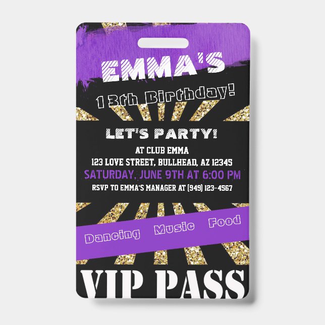 VIP Purple & Gold Any Event Pass Birthday Invite ID Badge (Front)