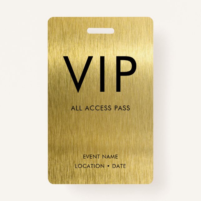 VIP Simple Font on Brushed Gold Metallic ID Badge (Front)