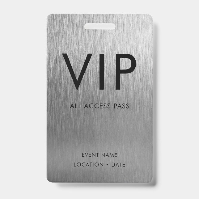 VIP Simple Font on Brushed Silver Metallic ID Badge (Front)