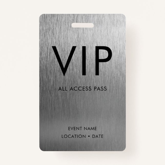 VIP Simple Font on Brushed Silver Metallic ID Badge (Front)