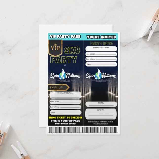 VIP Skate Party Invitations (Front/Back In Situ)
