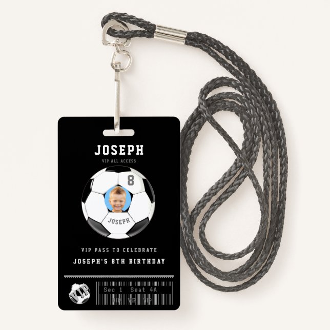 VIP Soccer Pass Custom Photo Birthday Party ID Badge (Front with Lanyard)