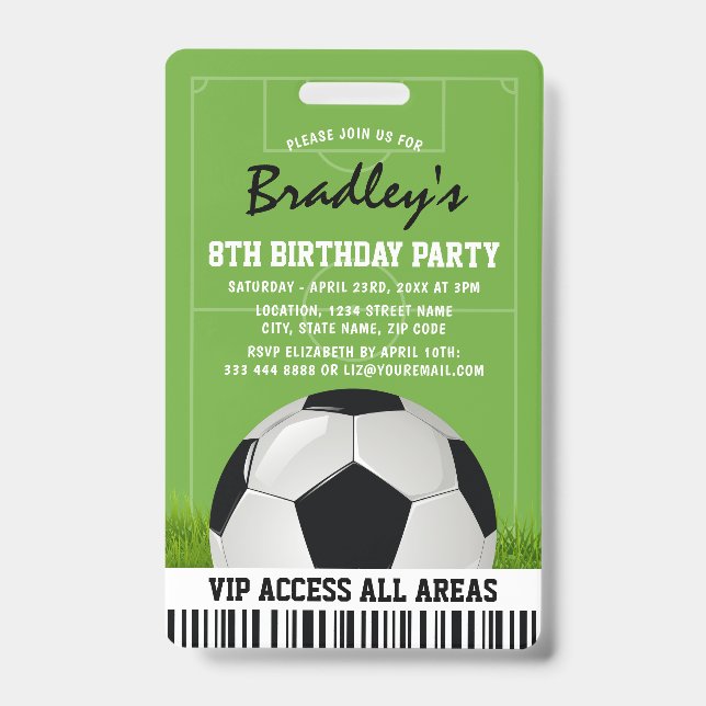 VIP Sports Pass Kids Soccer Birthday Party ID Badge (Front)